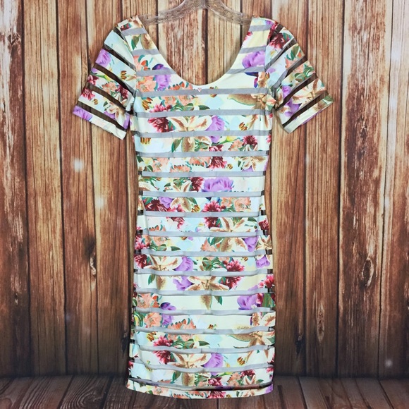 Guess Dresses & Skirts - GUESS XS Sheer Striped Floral Bodycon Mini Dress